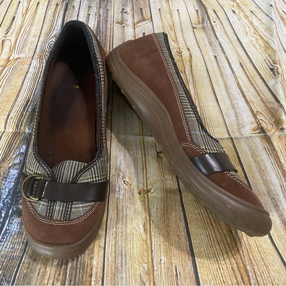 Lands End Tailored Terrain Ballet Flats Slip On Brown Suede Plaid Shoe